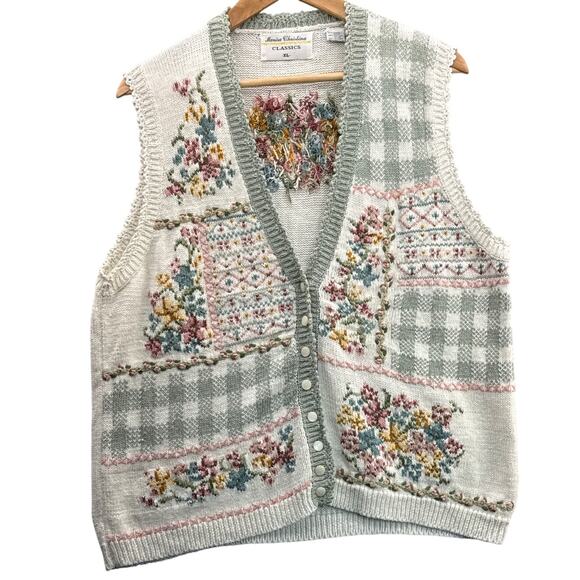 Marisa Christina Sweaters - Marisa Christina Vintage Country Plaid Floral Button Up Sweater Vest Women XL